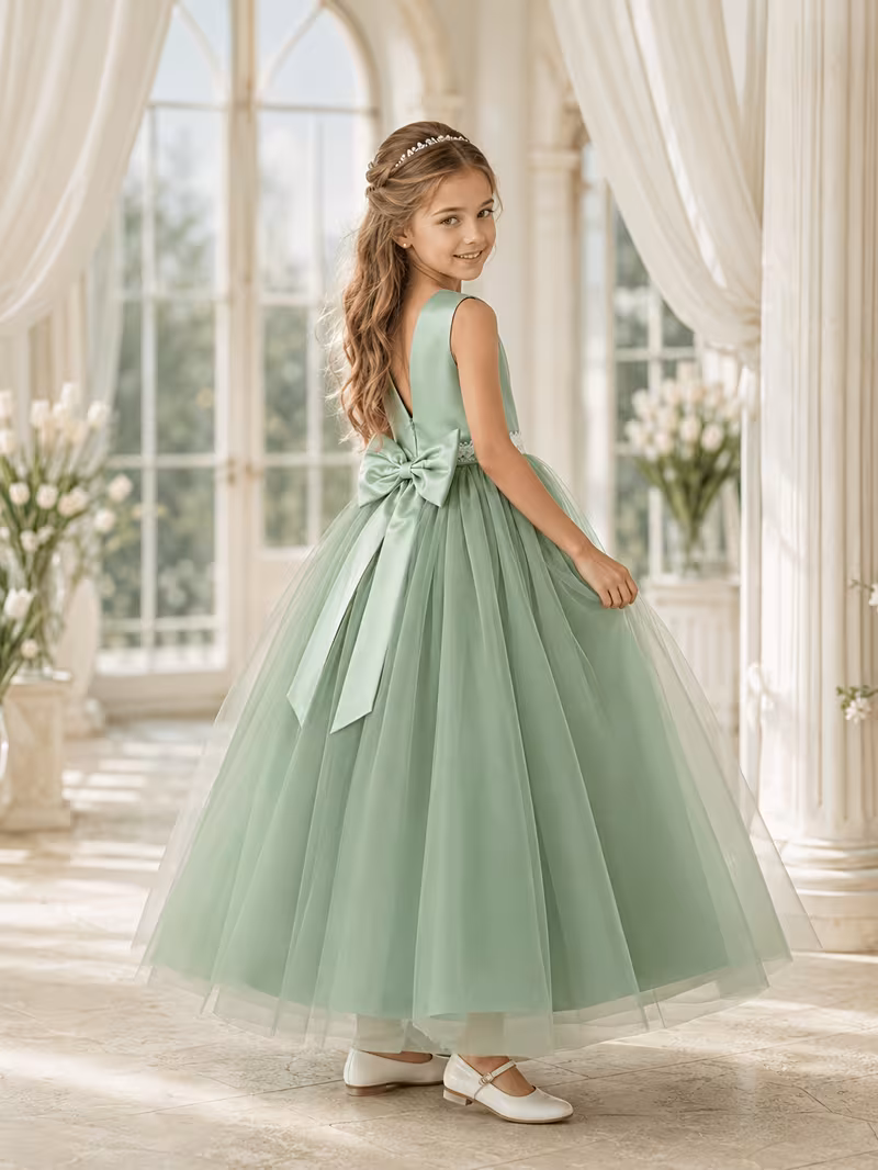Vestido de fiesta detalle cinturón encaje cuello V atrás verde