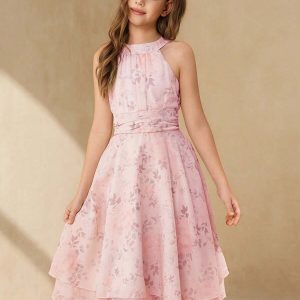 Vestido midi elegante sin mangas, halter, estampado plantas rosado