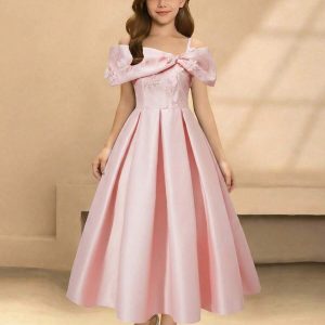 Vestido de fiesta satén plisado aplicaciones 3d h. descubiertos rosado