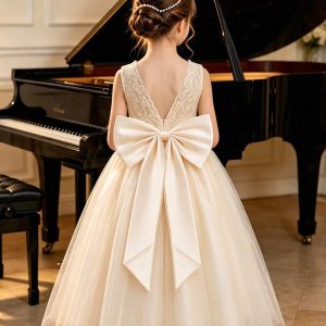 Vestido fiesta encaje espalda albaricoque perlas cuello niñas