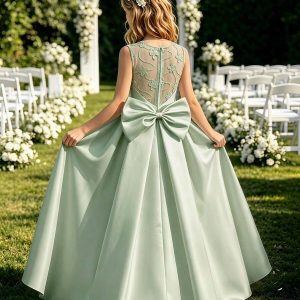 Vestido de fiesta satén con encaje en espalda y lazo verde olivo niñas