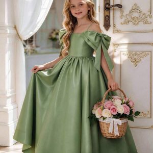 Vestido de fiesta, de lujo, hombros con lazo, largo satén premium verde olivo