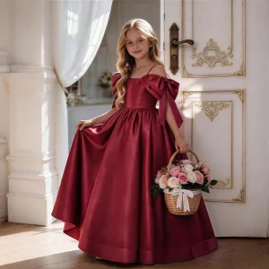 Vestido de fiesta, de lujo, hombros con lazo, largo satén premium burdeo