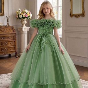 Vestido de fiesta organza y lentejuelas con apliques verde olivo niñas
