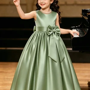 Vestido de fiesta satén verde olivo cuello V en espalda glamour niñas