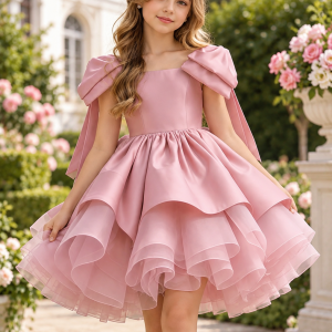 Vestido elegante lazo hombros corto a capas rosado