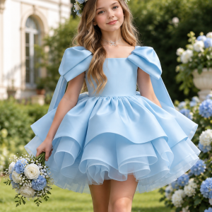 Vestido elegante lazo hombros corto a capas celeste