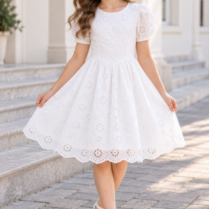 Vestido casual blanco bordado plantas broderie