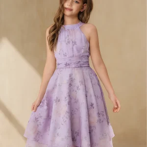 Vestido midi elegante sin mangas, halter, estampado plantas lila